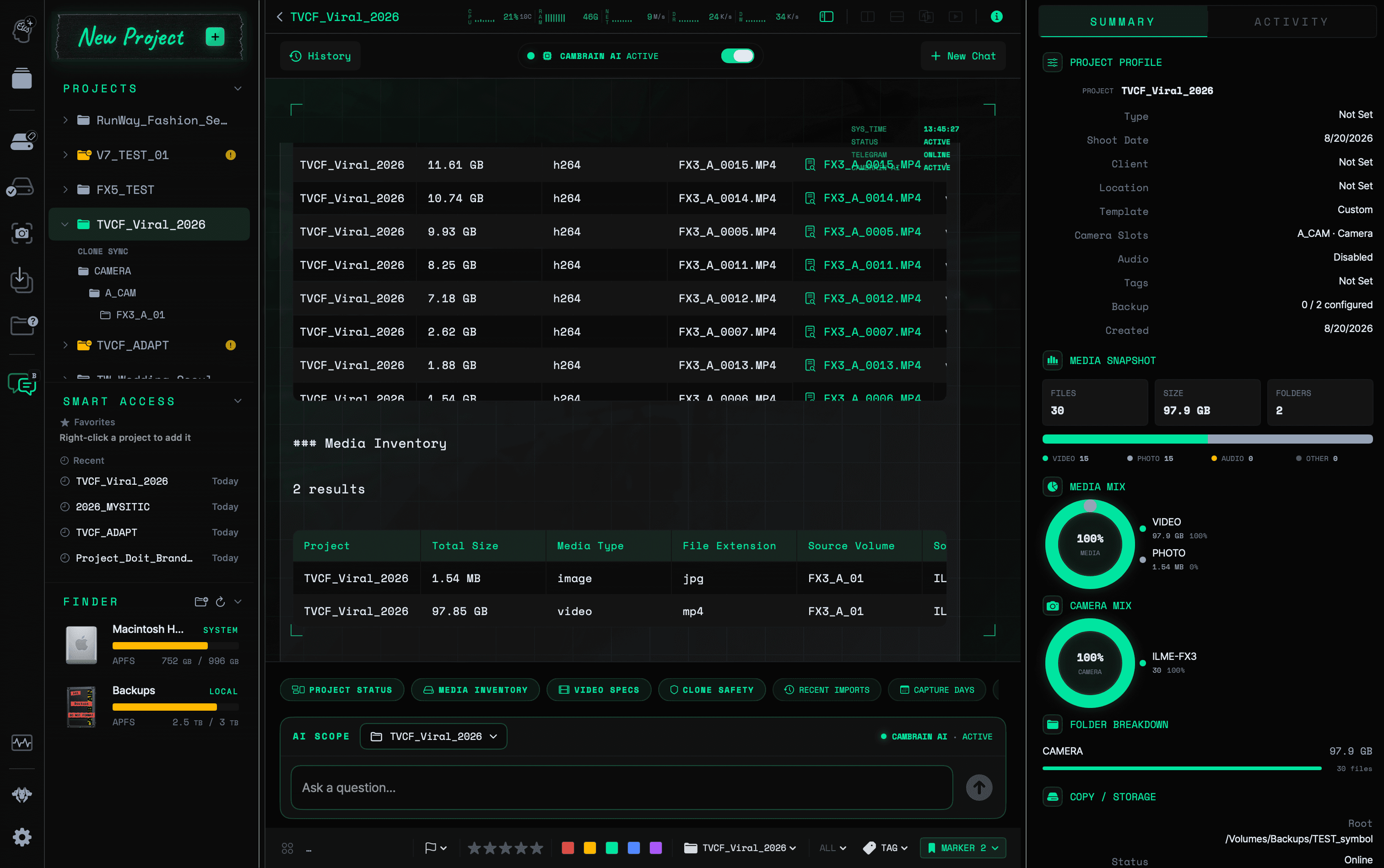 CamBrain AI Assist showing media inventory results for the selected project