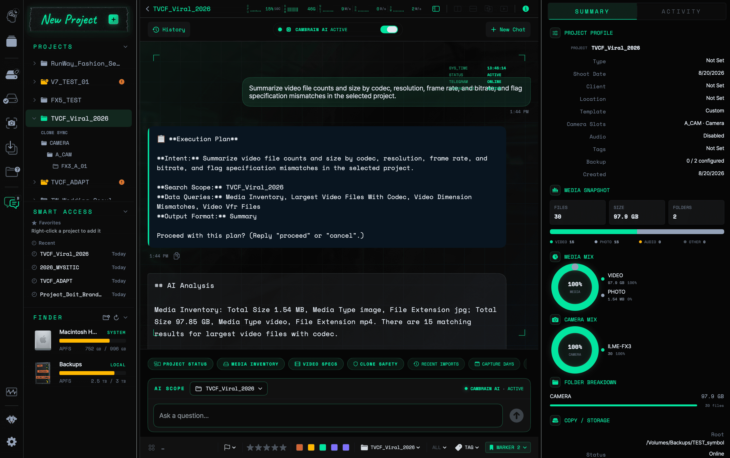 CamBrain AI Assist showing a project-scoped execution plan and evidence-based analysis