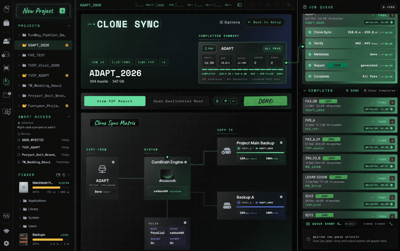CamBrain Solo Clone Sync completion screen with verified copies and job queue