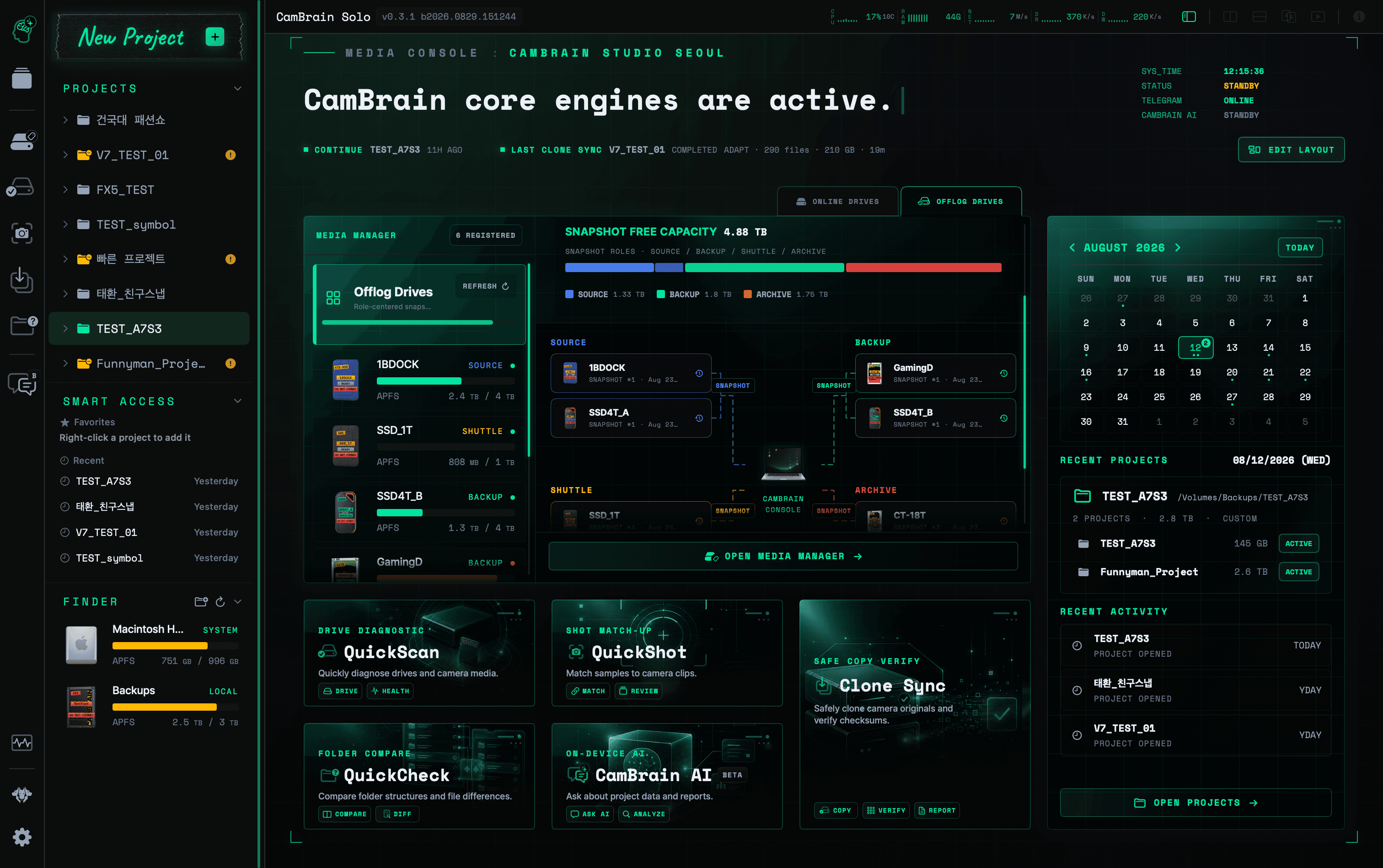 CamBrain Solo Offlog Drives dashboard showing role-based media snapshots