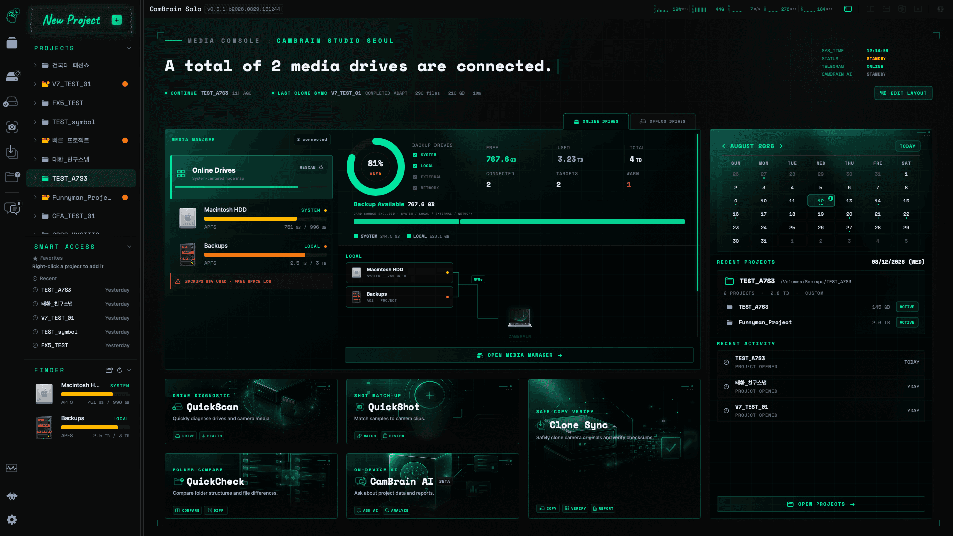 CamBrain Solo home dashboard showing connected Online Drives