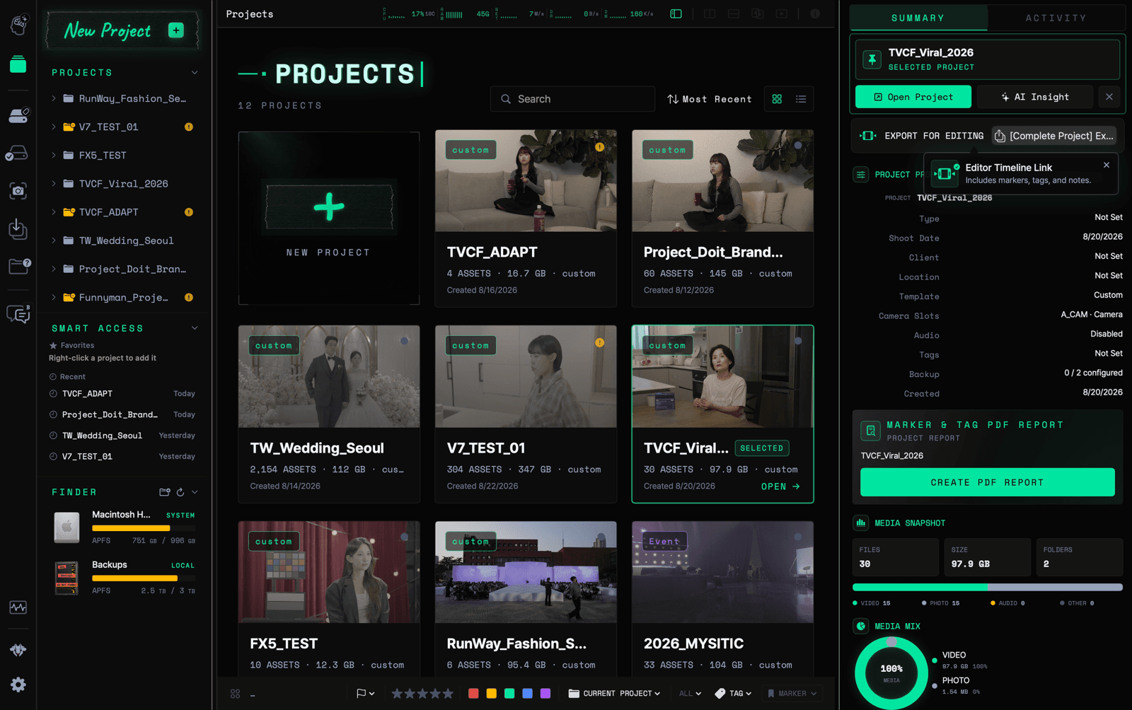CamBrain Solo Project Library with project cards and media summary
