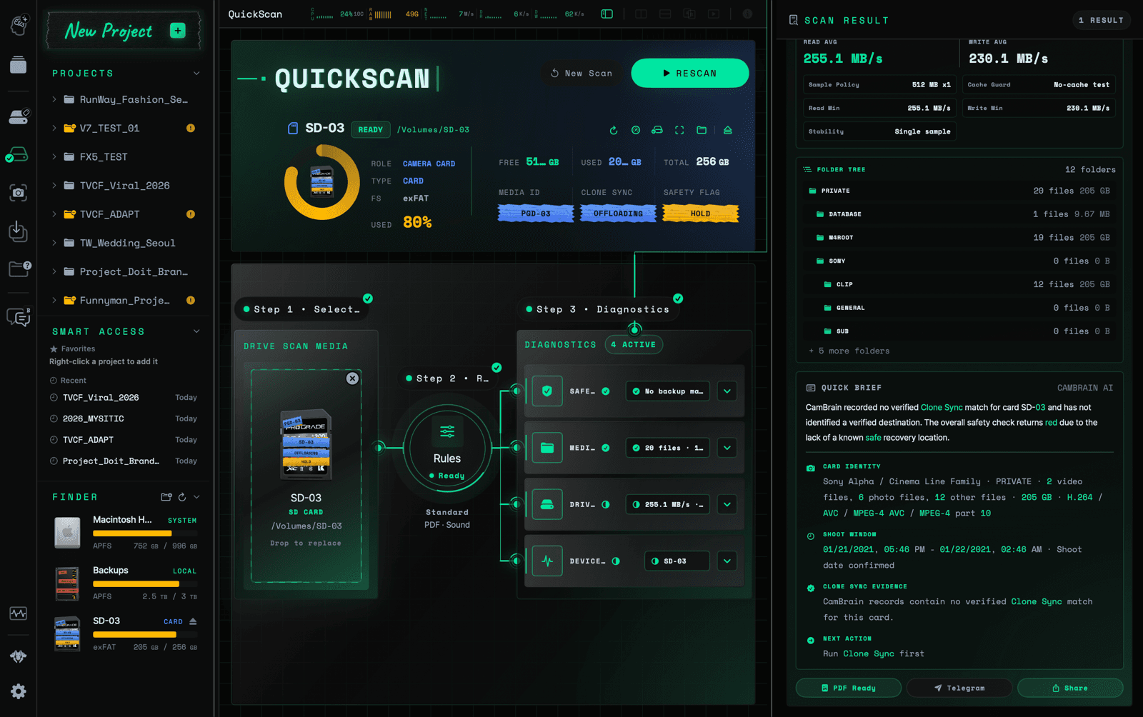 CamBrain Solo QuickScan brief showing media identity, scan evidence, and a next action