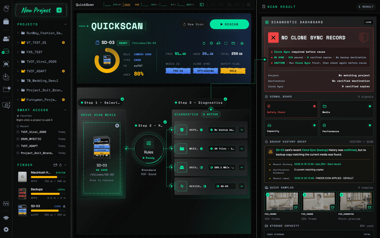 CamBrain Solo QuickScan diagnosing a camera card and reporting copy-safety signals
