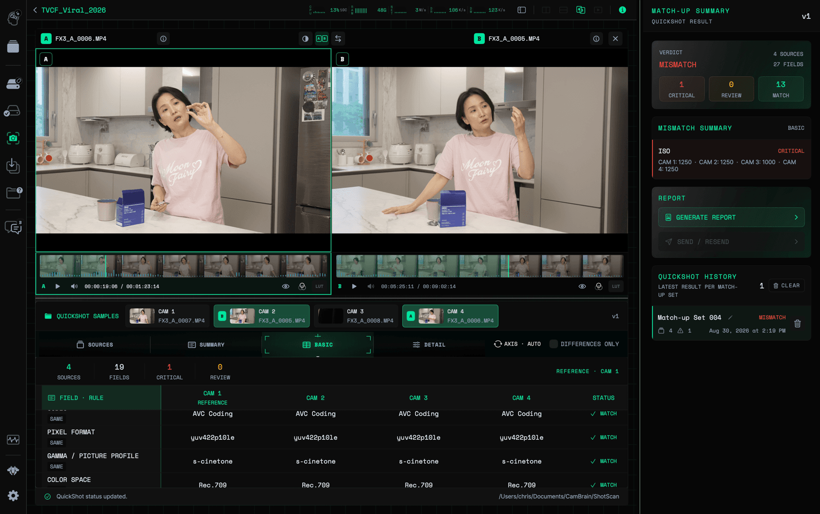 CamBrain Solo QuickShot comparing four camera samples and reporting a metadata mismatch