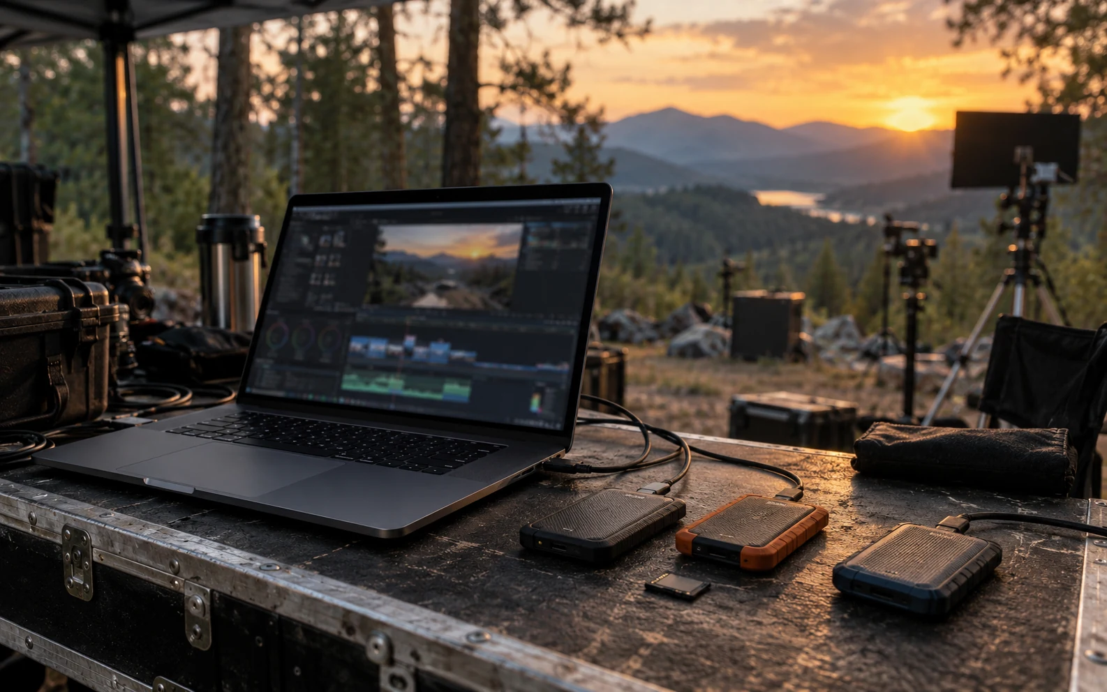 撮影カード、ドライブ、ノートPCを配置した現場作業スペースのデザイン例